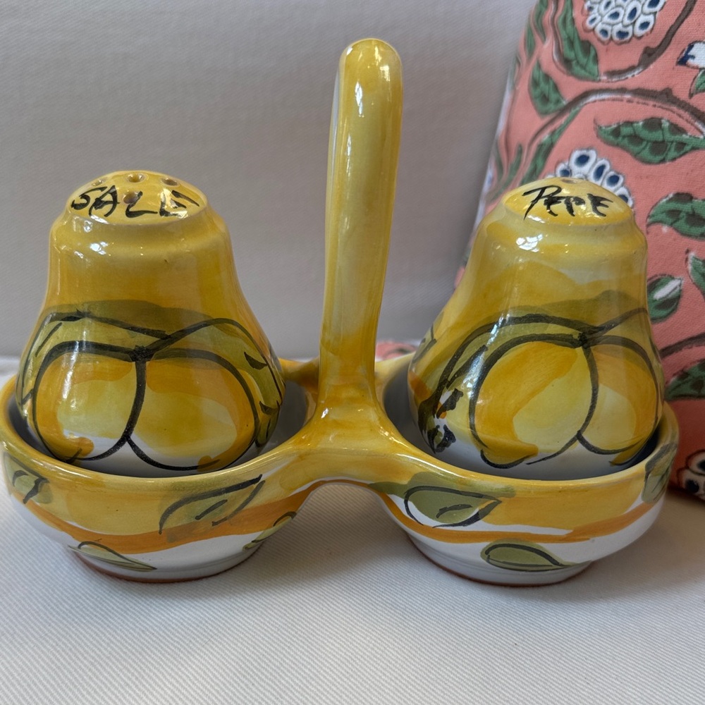 Vietri lemon salt and pepper shaker set with holder. Never used